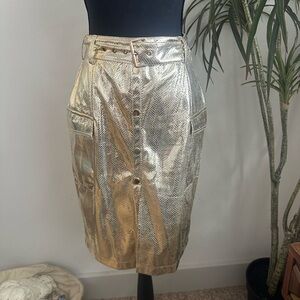 Gold faux leather cargo high waisted midi skirt